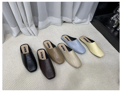 Fashion Square Toe Flat Slippers Women Casual Slip On Mule Luxury Brand Outsides Slides Elegant Pleated Ladies Shoes Sandal Flip