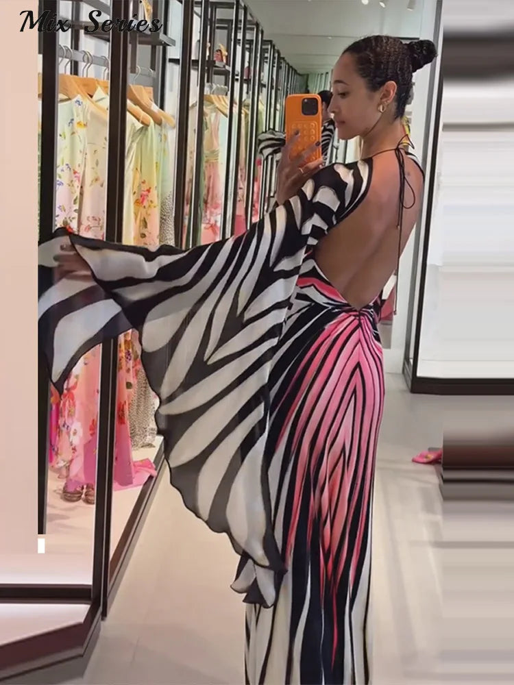 Chic Gradient Stripe Halter Dress Women Butterfly Sleeve Backless Slim Floor-length Dresses 2026 New Lady Party Evening Gown ﻿