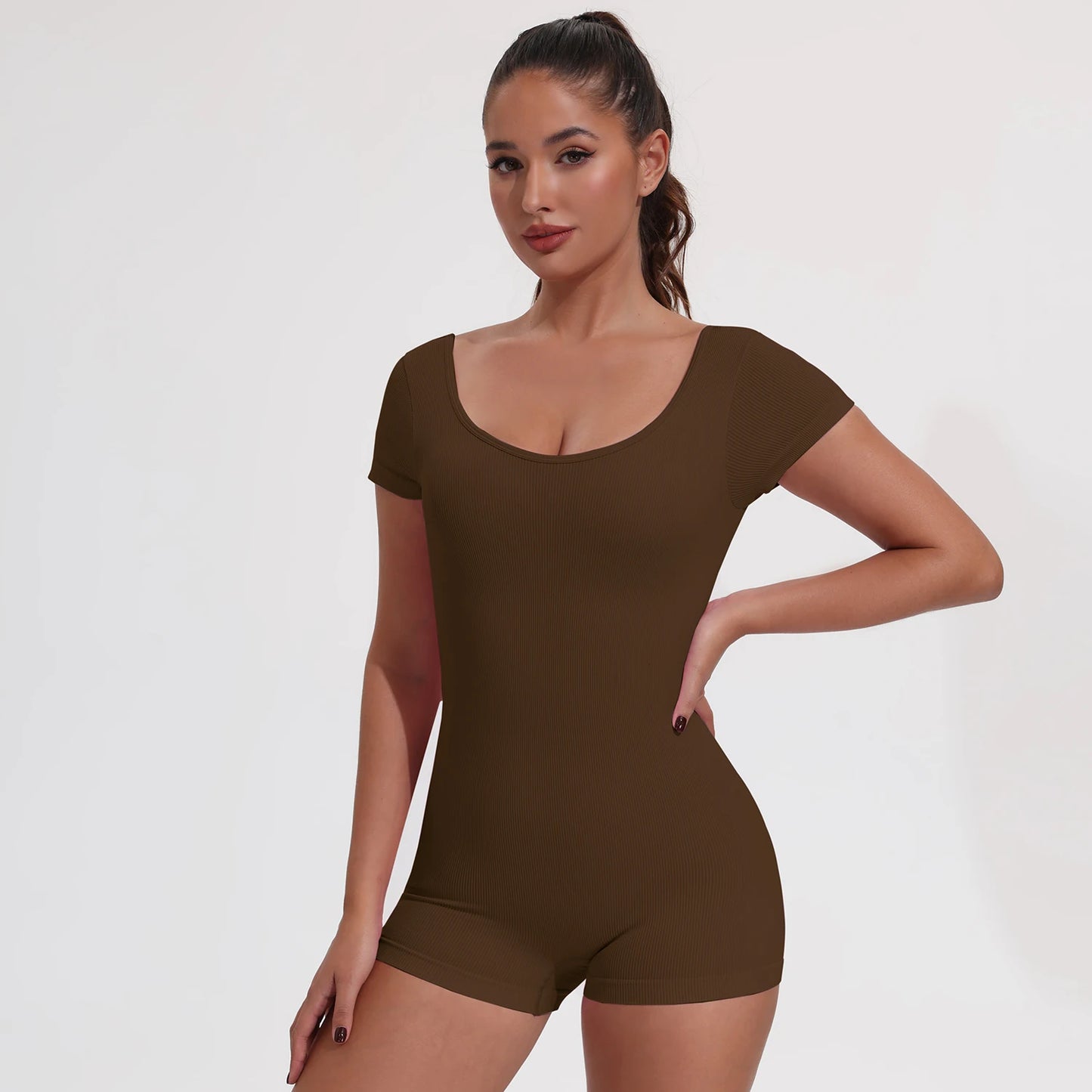 Women's Sexy U-Back Square Neck Short Sleeved Jumpsuit High Waist Bodycon One-piece Jumpsuit Fashionable Sexy Streetwear Ladies