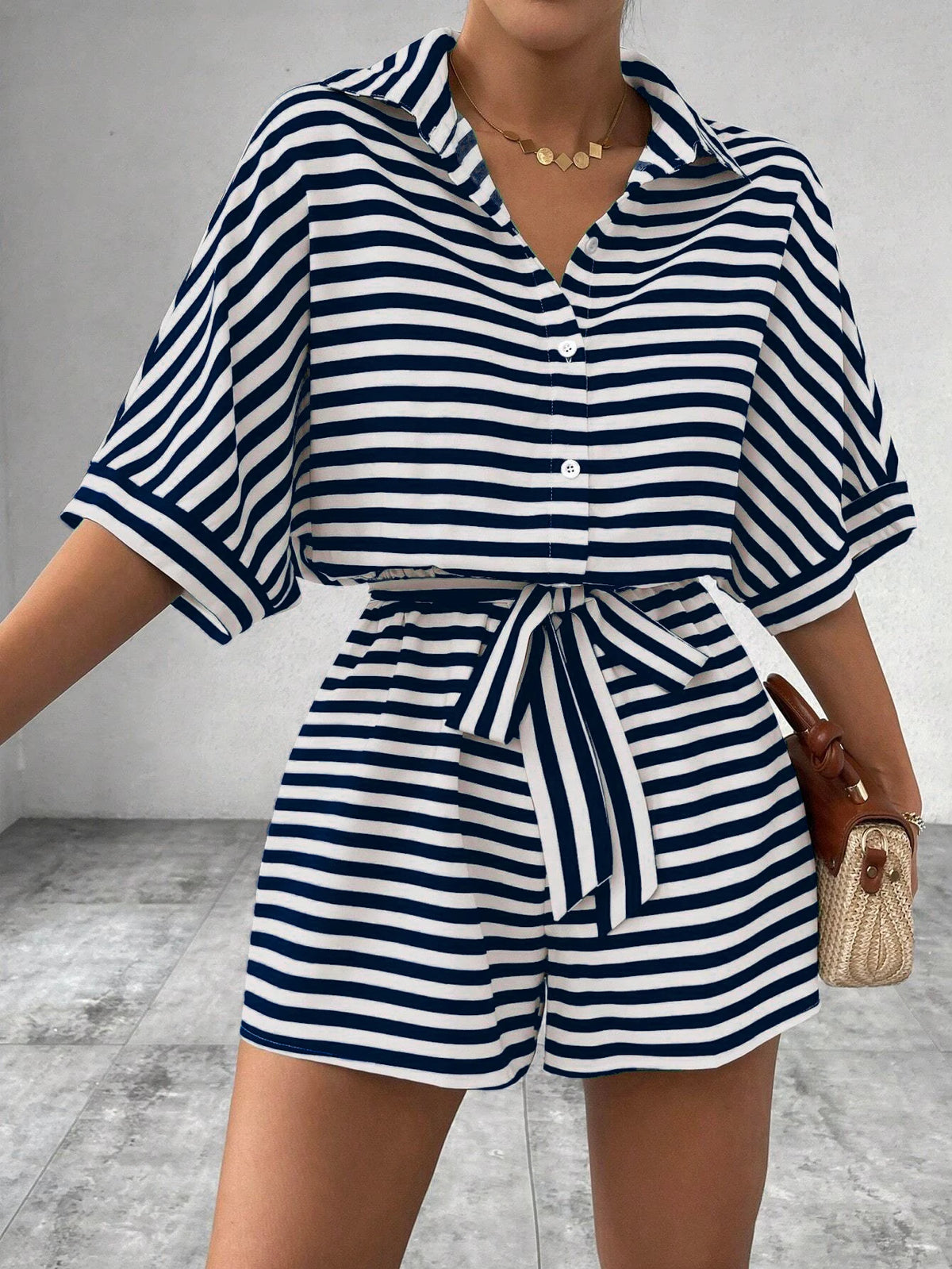 Women One Piece Short Sleeve Striped Overalls Shorts Pants Elastic Waist Turn Down Collar Rompers