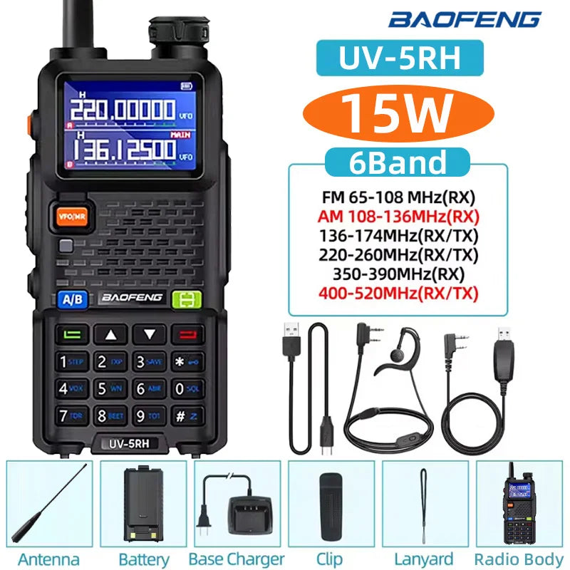 Baofeng UV5RH Handheld Walkie Talkie 15W 6000mAh Six Band Wireless Replication Frequency 999CH Supports Type-C Charging HAM 10km