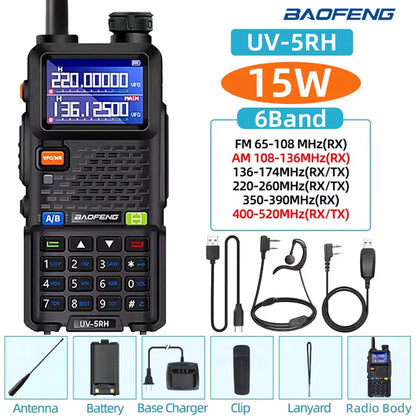 Baofeng UV5RH Handheld Walkie Talkie 15W 6000mAh Six Band Wireless Replication Frequency 999CH Supports Type-C Charging HAM 10km