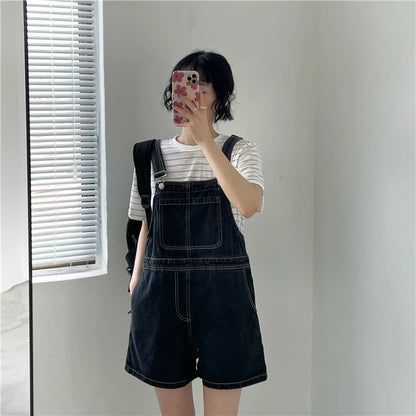 Women's Denim Overalls Short Trousers Wide Leg Loose Fit Thin Jumpsuit Korean Style for Petite Ladies Casual Clothing