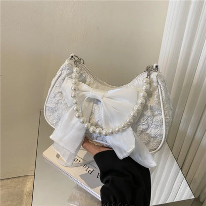 White Folds Pearl Female Bag Retro Luxury Designer Handbag Bow Crossbody Bags Fashion Y2K Vintage Women's Shoulder Bag Purses