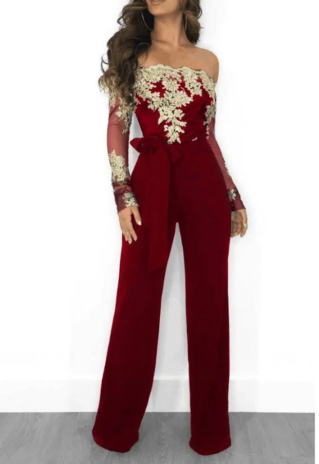 Womens Elegant Off Shoulder Long Pants Wide Leg Jumpsuits Floral Embroidery Lace See Through Cocktail Club Party Evening Rompers