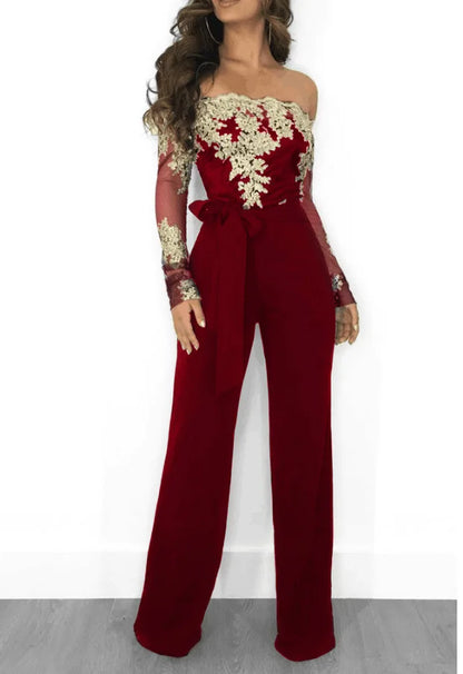 Womens Elegant Off Shoulder Long Pants Wide Leg Jumpsuits Floral Embroidery Lace See Through Cocktail Club Party Evening Rompers