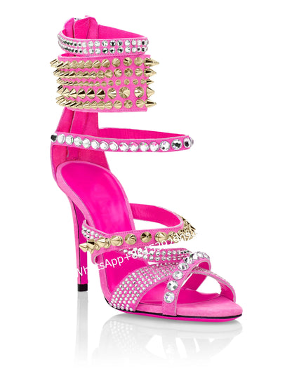 String Bead Heels Hollow Design Back Zip Stiletto Women Colorful Studs Red Green Yellow Mixed Sandals Open Cross Chain Sexy Shoe