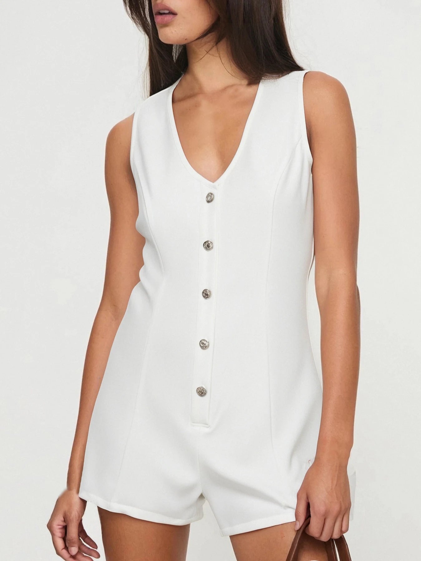 Women's Playsuit Summer Sleeveless Jumpsuit White Button Front Wide Leg Shorts Fashion Casual Office Commute Romper