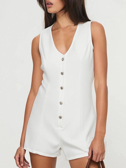 Women's Playsuit Summer Sleeveless Jumpsuit White Button Front Wide Leg Shorts Fashion Casual Office Commute Romper