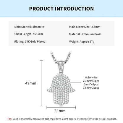 Rrjzz Full Moissanite Hip Hop Iced Out Thick 3mm Round Box Chain Palm Pendant Mens Necklace Street Style Party Fine Jewelry Gift