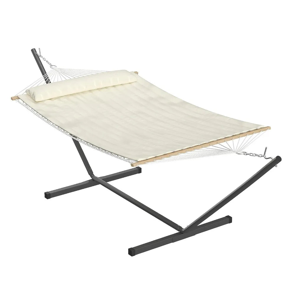 2 Person Outdoor Hammock with Stand, Heavy Duty Portable Hammock Set with Pillow & Balance Ropes, 450 Lb Capacity, UV-Resistant Poly-Cotton Fabric for Patio Backyard Beach, Beige