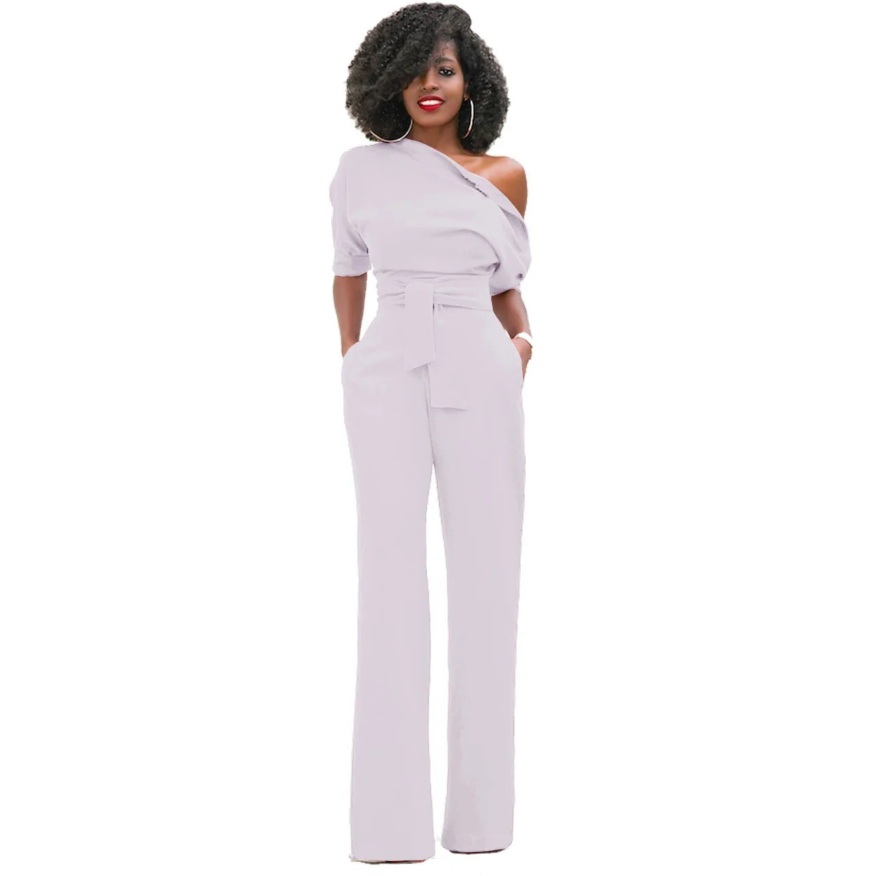 2024 Summer New Fashion Women's Jumpsuit Solid Color Slanted Shoulder Elegant Temperament Sleeveless Long Wide Leg Jumpsuit