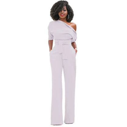 2024 Summer New Fashion Women's Jumpsuit Solid Color Slanted Shoulder Elegant Temperament Sleeveless Long Wide Leg Jumpsuit