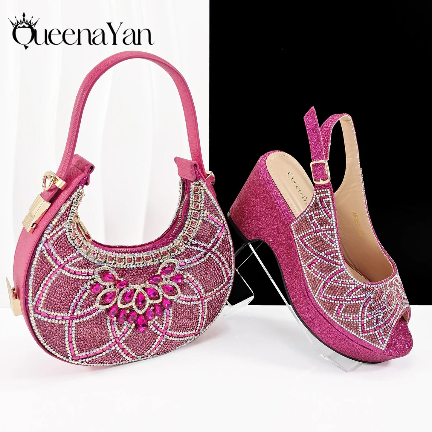 Queena Yan Sky Blue Elegant Nigerian Rhinestone Wedding Shoe and Bag Set Italian Inspired High Heels and Matching Handbag