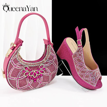 Queena Yan Sky Blue Elegant Nigerian Rhinestone Wedding Shoe and Bag Set Italian Inspired High Heels and Matching Handbag