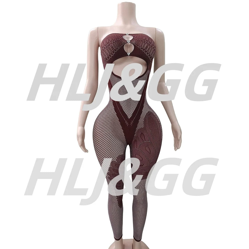 HLJ&GG Sexy Off Shoulder Hollow Out Bodycon One Piece Jumpsuits Women Sleeveless Backless Slim Playsuit Fashion Stretchy Overall