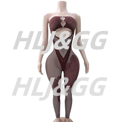 HLJ&GG Sexy Off Shoulder Hollow Out Bodycon One Piece Jumpsuits Women Sleeveless Backless Slim Playsuit Fashion Stretchy Overall