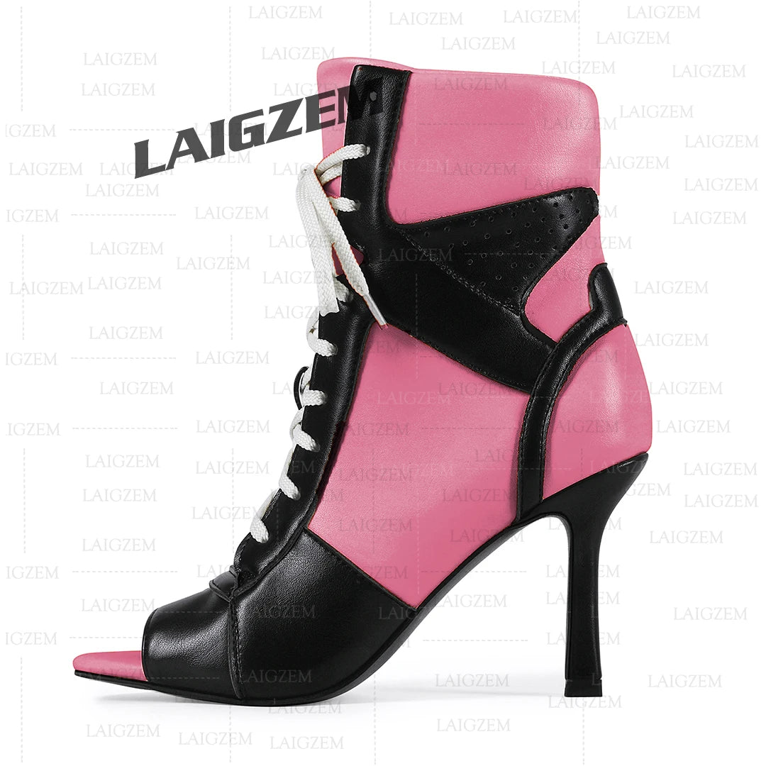LAIGZEM Women Ankle Boots Patchwork Peep Toe Thin High Heels Boots Lace up Short Boos Ladies Handmade Shoes Woman Size 39 41 43