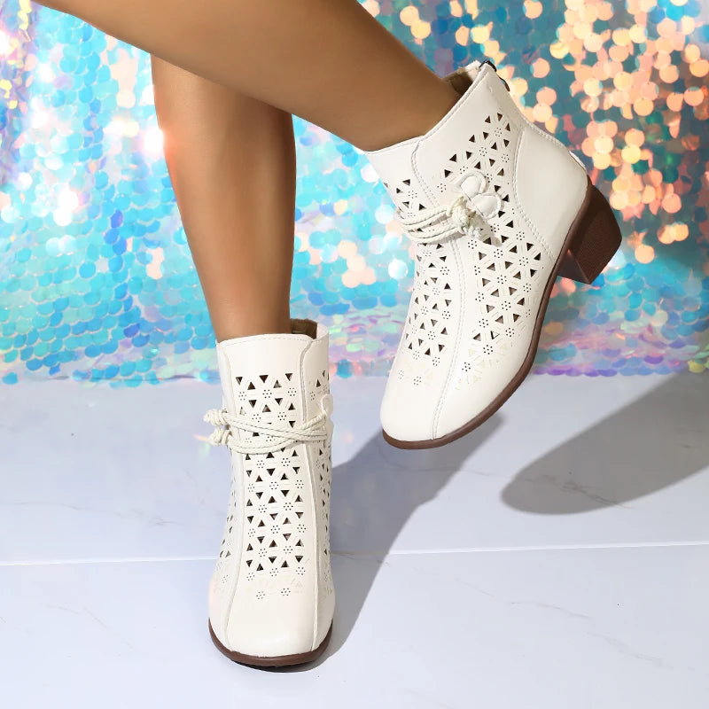 2025 Summer New Women's Fashion Hollow-Out Soft Sole Mid-Heel Ankle Boots, Retro Breathable Comfortable Shoes