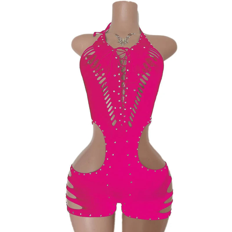 New Style One Piece Exotic Dancewear Sexy Lace-up Hollow-out Rhinestone Patchwork Bodycon Rompers Women Bodysuit Stripper Outfit