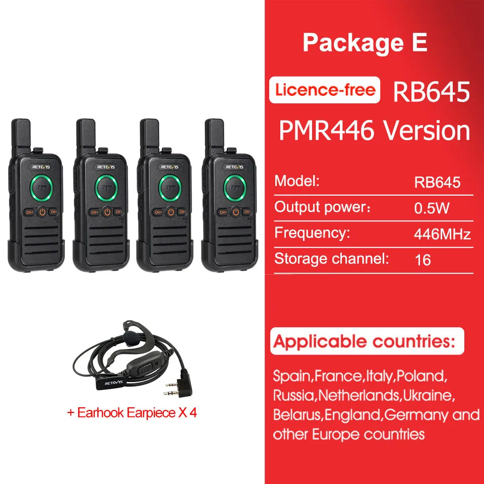 Retevis RB645 Walkie Talkie PMR446 Dual PTT Professional Portable Lincense-free Two Way Radio VOX USB-C for Hotel Restaurant