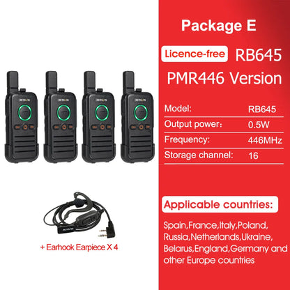 Retevis RB645 Walkie Talkie PMR446 Dual PTT Professional Portable Lincense-free Two Way Radio VOX USB-C for Hotel Restaurant