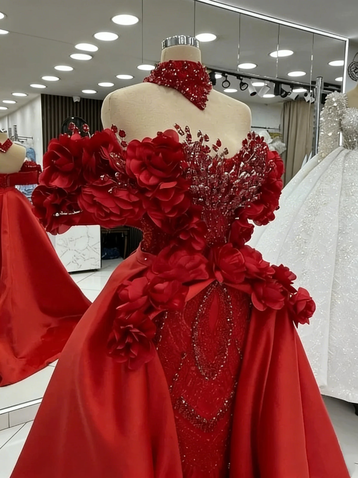 Gorgeous Red Prom Dress With Overskirt Hand Made Flowers Beads Party Gowns Celebrity Evening  Dresses Robe de Customized