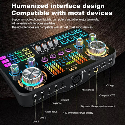 S30 DJ Mixing Effects Audio Mixer FUHAM S30 Live Sound Card Voice Changer for Live Streaming Music Recording