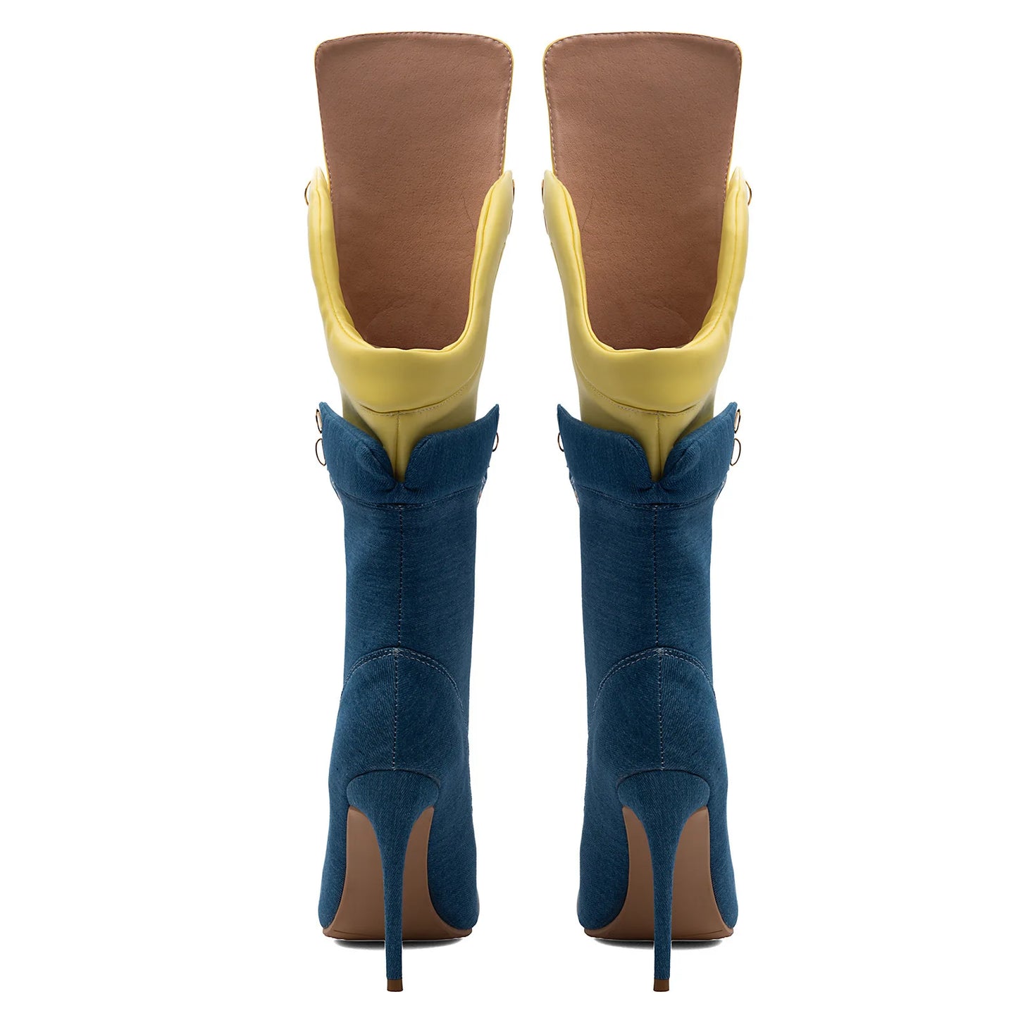 Color Block Denim Stiletto Mid Calf Boots Contrast White Toe Yellow Fold Over Cuff Front Lace Up Slim Heel Booties Women Punk