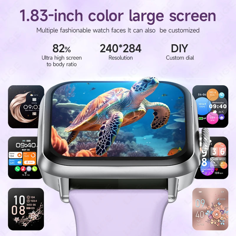 LIGE Fashion 1.83" HD Screen Smart Watch Women Bluetooth Call IP68 Waterproof Ladies Watches Daily Health Monitor Smartwatch New