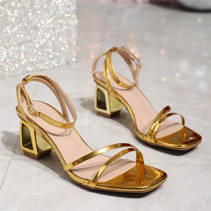 Liyke Sexy Gold Ankle Strap Sandals Women Summer Square Toe Buckle Strap Shoes Fashion Fretwork Strange High Heels Zapatos Mujer