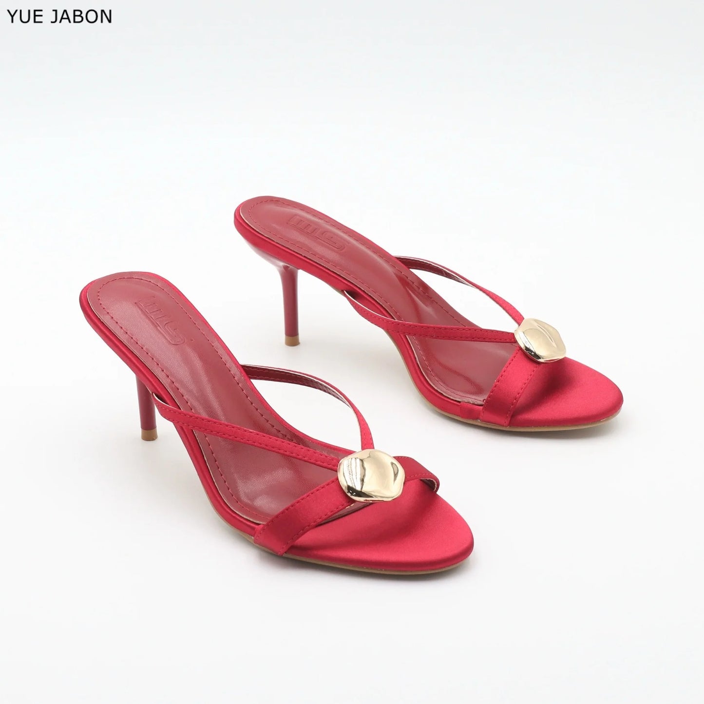 Red Satin Sexy Thin Heel Slippers Women Metal Buckle Open Toe Slides Ladies Concise Black Luxury Brand High Heels Dress Shoes
