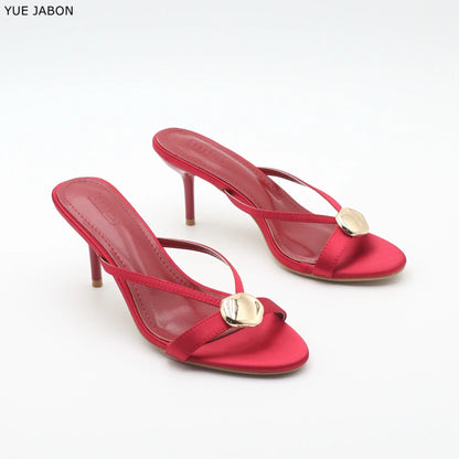 Red Satin Sexy Thin Heel Slippers Women Metal Buckle Open Toe Slides Ladies Concise Black Luxury Brand High Heels Dress Shoes
