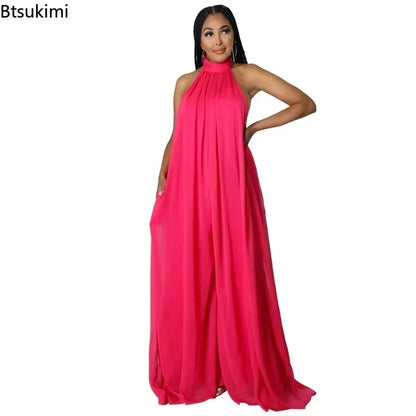 2026 New Women's Solid Chiffion Loose Halter Jumpsuits Sexy Backless Wide Leg Pants Rompers Fashion Party Elegant Women Clothing