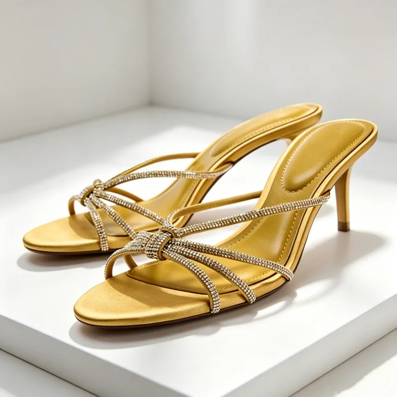 Luxury Rhinestone Detail Women's Slippers Sexy Crossover Straps Heeled Sandals for Ladies Metallic Upper Summer Women's Shoes