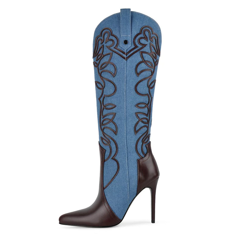 Onlymaker Women Pointed Toe Embroidered  Blue Denim Stiletto Heel Knee High Boots Side Zipper Plus Size Fashion Boots