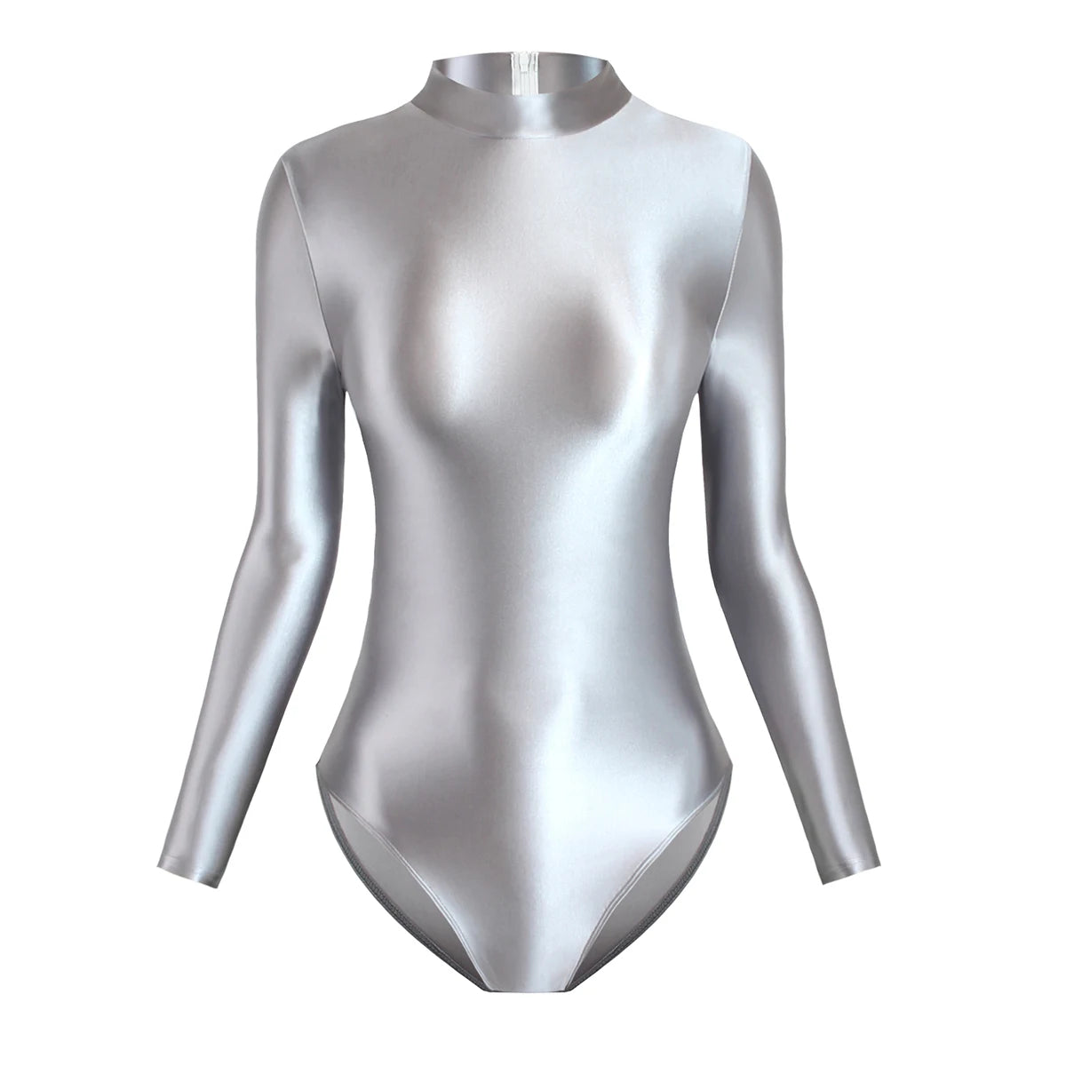 Satin Glossy Leotards Long Sleeve Back Zipper One Piece Swimsuit Sexy High-Cut Bikini Bodysuit Women Bathing Suit Plus Size