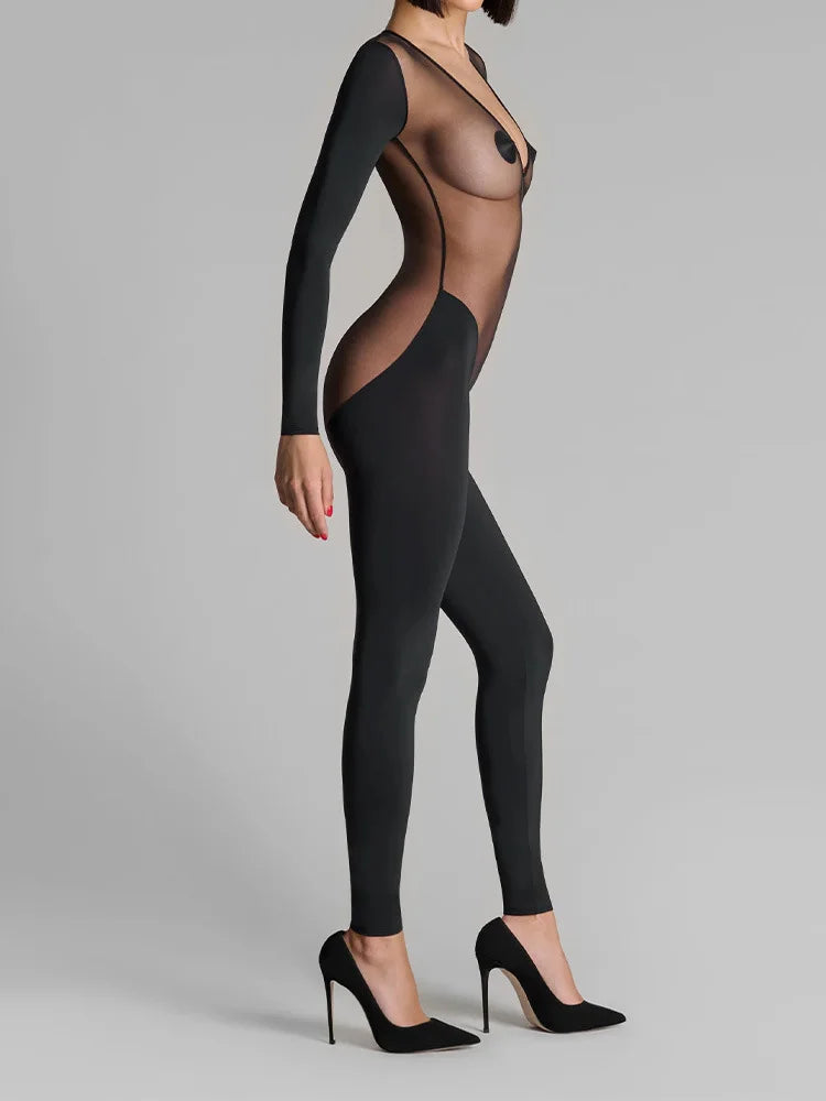 Summer Slim Fit Midi One-piece Women's Sexy Sheer Mesh Insert Long Sleeve High Neck Black Bodycon Party Clubwear One-piece Pants