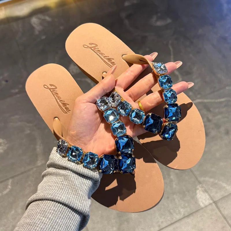 Square Rhinestone Flip-Flops Popular in Ins Summer Blingbling Star Street Shooting Slope Heel Slippers Women Flat Beach Slippers
