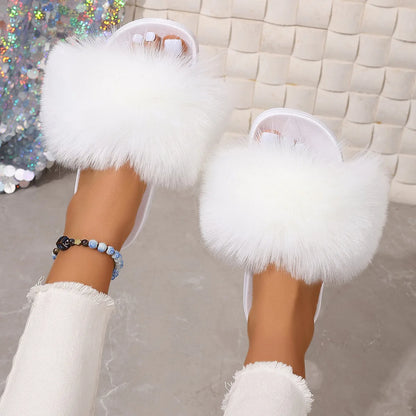 Fashion Fox Fur Slides Women Luxury Designer Summer Sandals Ladies Furry Lazy Slippers Fluffy Flip Flops Shoes Plus Size Shoes