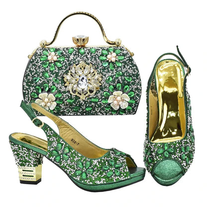 Fashion Italian Shoes with Bag Set Decorated with Rhinestone Women Wedding Shoes Set Nigerian Party Pumps High Heels Sexy Ladies