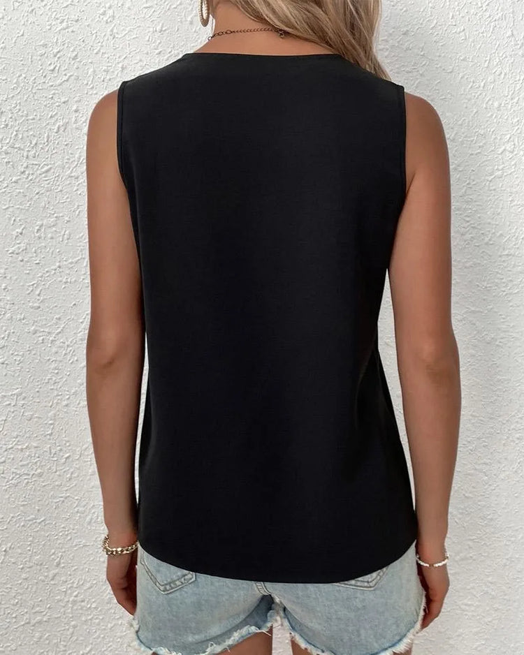 Sleeveless V-neck Lace Parchwork Blouse Women Loose Hollow Out Summer Tee Shirt Casual Streetwear Tsnk Top