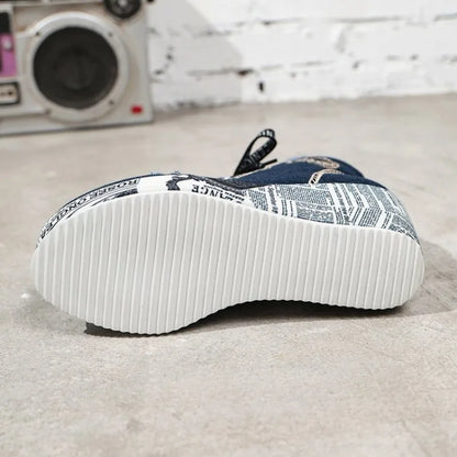Women's Wedge Sneakers High Top Round Toe Denim-Look Lace-Up Side Zipper Letter Print Detail Casual Platform Ankle Boots 2026