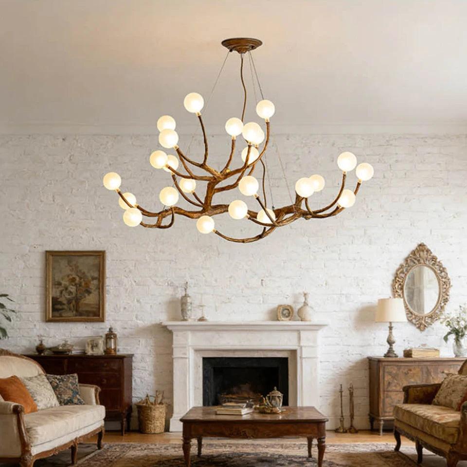 Retro Resin Tree Branch Chandeliers Frosted Glass Bubble LED Pendant Lamp for Living Dining Room Home Decor suspension luminaire