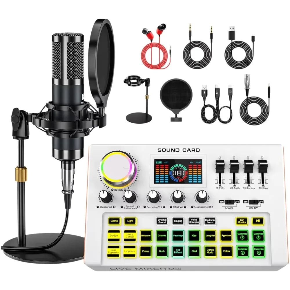 TENLAMP Y300-P15B Podcast Microphone Bundle Live Sound Card Audio Mixer, Professional 3.5mm Condenser Mic Kit for PC Phone Gaming Streaming Karaoke YouTube Vlog Recording Studio