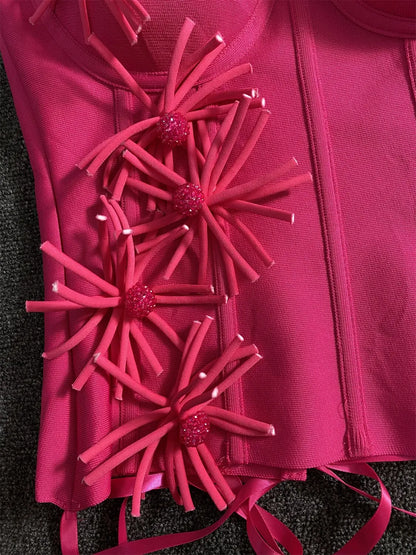 2025 New Hot Pink Bandage Skirt Sets Women Sexy Halter Bodycon Top And Flowers Mini Skirt Two Piece Sets Evening Party Outfit