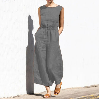 Jumpsuits Women New Summer Solid Color high-waisted Sleeveless Elastic Waist Casual Loose Temperament Rompers Clothing JYFS6542