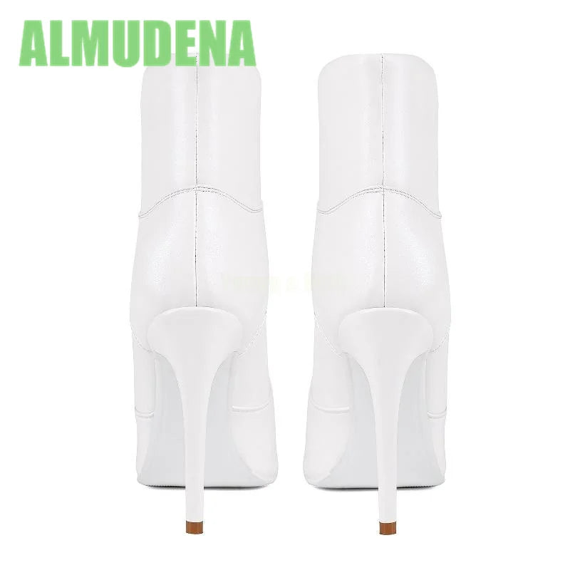 Front Lace Up Sports Style Short Boots Stylish  Sexy Pointed White Leather Patchwork Design British Style Slim High Heels