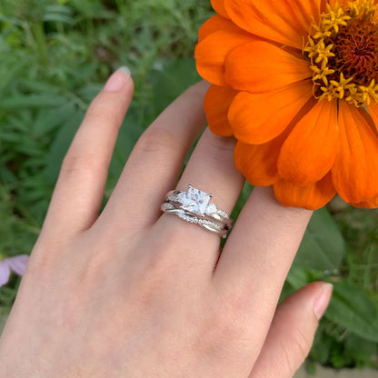 Newshe 925 Sterling Silver Moissanite/Zircons Princess Cut Eternity Engagement Rings Twist Wedding Band Bridal Sets