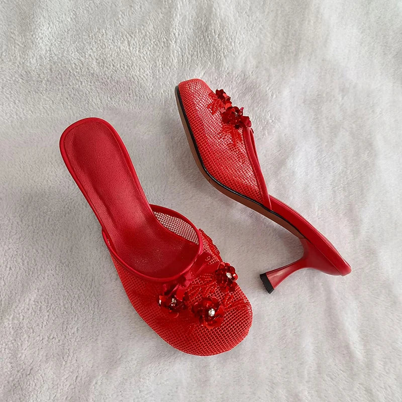 Summer mesh flower beads women slide sexy thin heel sandal